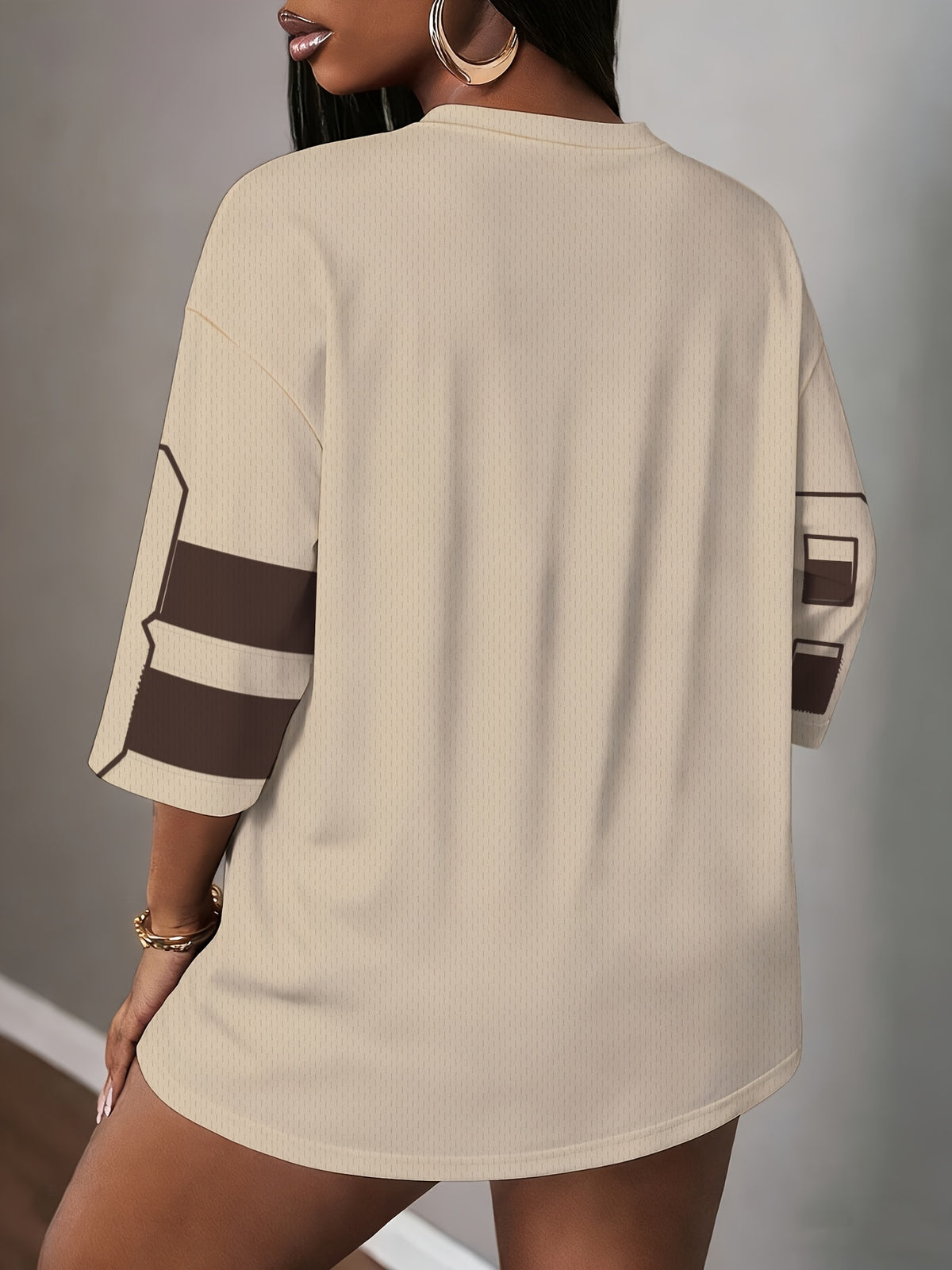 Western Fashion Women'S V-Neck Mesh Fabric Casual Short Sleeve T-Shirt, Retro Jersey Style Women'S Casual Apparel - Khaki