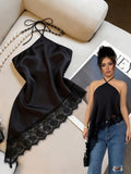 Women'S Halter Cami Top, Solid Lace Patchwork Versatile Off-Shoulder Elegant Halter Cami. Suitable for Dates, Beach, Vacation, Shopping, And Daily Wear - Black