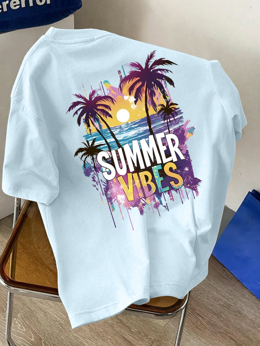 Men's New Pure Cotton Crew Neck Short Sleeve T-Shirt with Summer Vibe Palm Tree Sunset Print, Suitable for Vacation, Leisure, Comfortable, Soft, Breathable, Summer Essential - Light Blue Color