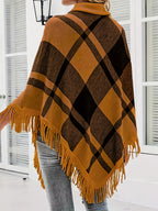 Spring/Autumn New Plaid Color-Block Fringe Shawl Women's High-Neck Irregular Pullover Sweater - Camel