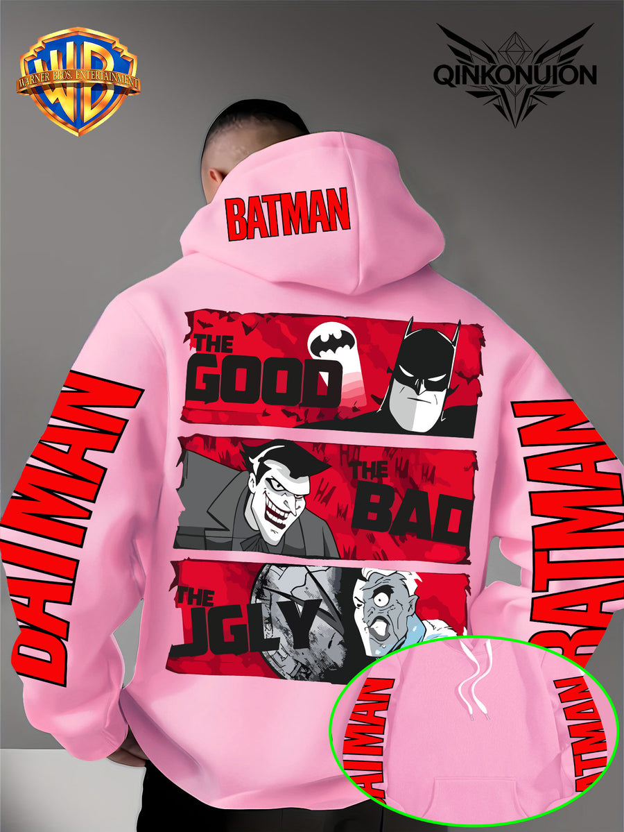 Warner Official Men's Hoodie, Red Bottom Three Grid Comic Batman Joker Character Print Design, Machine Washable, Warm and Casual for Autumn and Winter, Daily Drawstring Hoodie, Multi Functional Sports and Leisure Loose Version - Pink Color