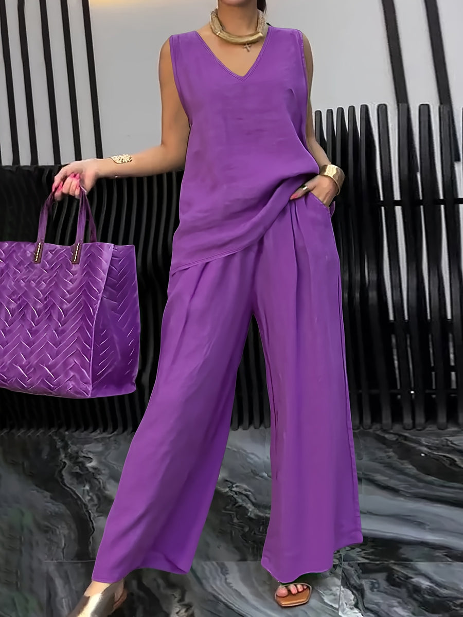 Women's Casual 2pcs Set Solid Color Loose Sleeveless V-Neck Tank Top + Wide-Leg Pants - Purple