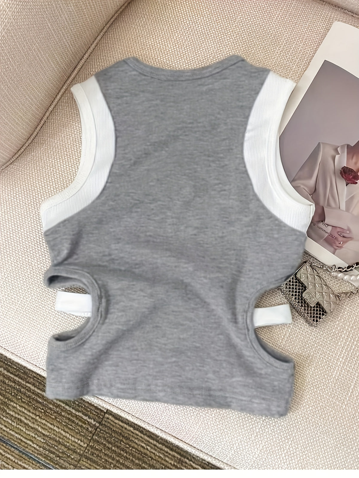 Women'S Round Neck Fashion Contrast Tank Top, Waist Cut-Out Design Top - Mixed colors