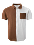 Men'S Waffle Knit Color-Block Shirt, Short Sleeve Button-Up Casual Top with Pockets, Fashionable Summer Beach And Casual Wear Men'S Clothing - White