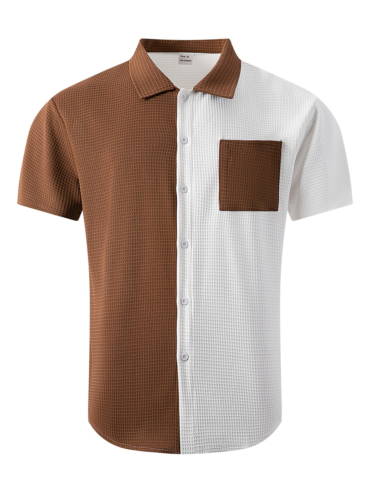 Men'S Waffle Knit Color-Block Shirt, Short Sleeve Button-Up Casual Top with Pockets, Fashionable Summer Beach And Casual Wear Men'S Clothing - White