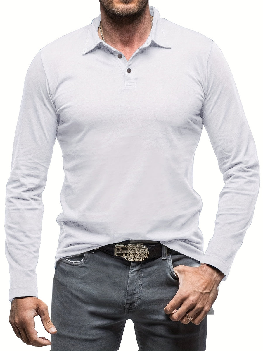 New Style Lapel European And American Style Men'S T-Shirt, Solid Color, Cross-Border Foreign Trade Men'S Long-Sleeve Polo Shirt - White