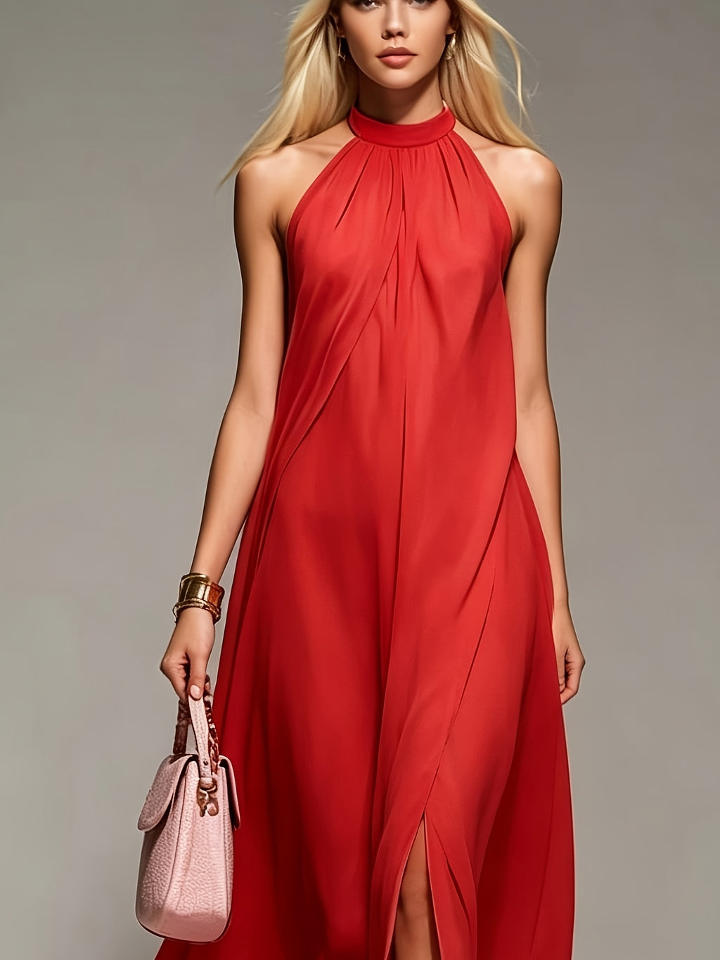 New Spring/Summer 2026 Small Round Neck Fashionable Split Versatile Women's Dress - Red