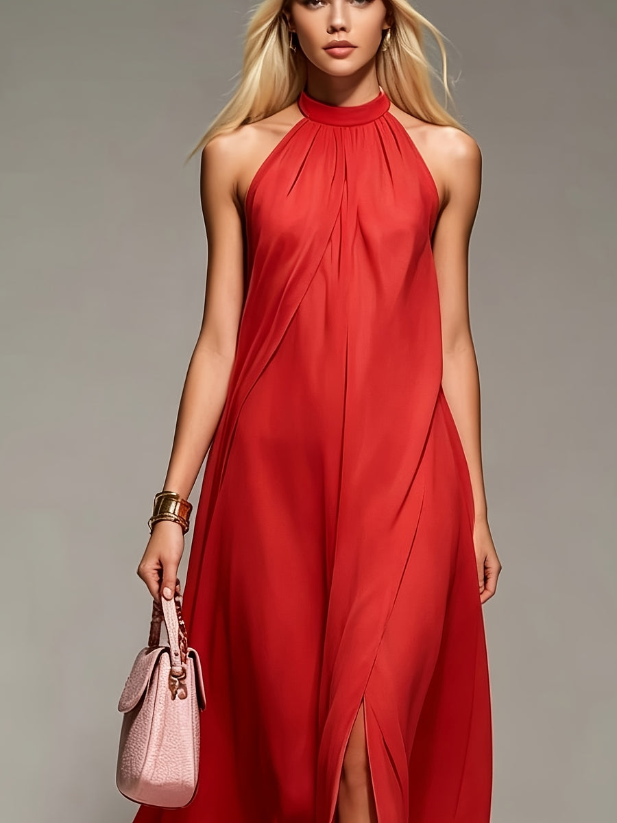 New Spring/Summer 2026 Small Round Neck Fashionable Split Versatile Women's Dress - Red