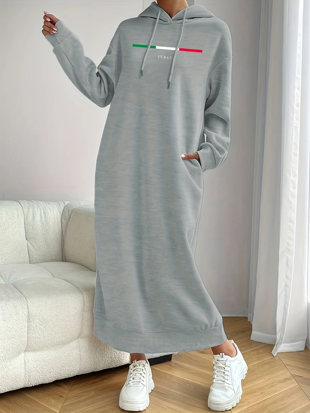 New Winter Thick Long Hooded Sweatshirt Dress, Knee-Length, Loose-Fitting Casual Dress for Women - Light Grey