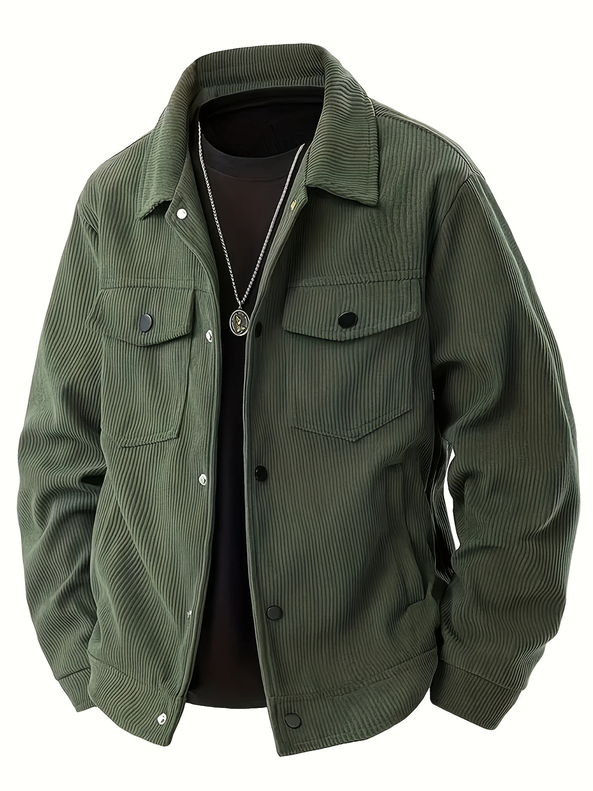 Men'S Spring Autumn Solid Color Long Sleeve Functional Warm Jacket, Corduroy Solid Color Jacket, Lapel Button-Up Design, Fabric Upgrade, Multi-Functional Chest Pockets, Suitable for Casual Daily Wear And Home Wear (2pcs Set) - Army Green + Apricot