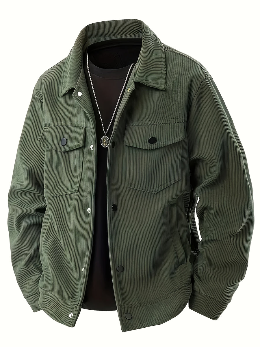Men'S Spring Autumn Solid Color Long Sleeve Functional Warm Jacket, Corduroy Solid Color Jacket, Lapel Button-Up Design, Fabric Upgrade, Multi-Functional Chest Pockets, Suitable for Casual Daily Wear And Home Wear (2pcs Set) - Army Green + Apricot