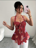 Sexy Printed Halter Neck Suspender Vest Top for Women - Deep Red