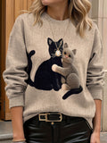 Women's All Over Printed Long Sleeve Universal Crew Neck Lightweight Sweater, Trendy Wear, Ultra HD Gothic Raven and Cat Brother Pattern, Perfect for Casual Elegance Style Outfits - Suitable for All Seasons - Multicolor