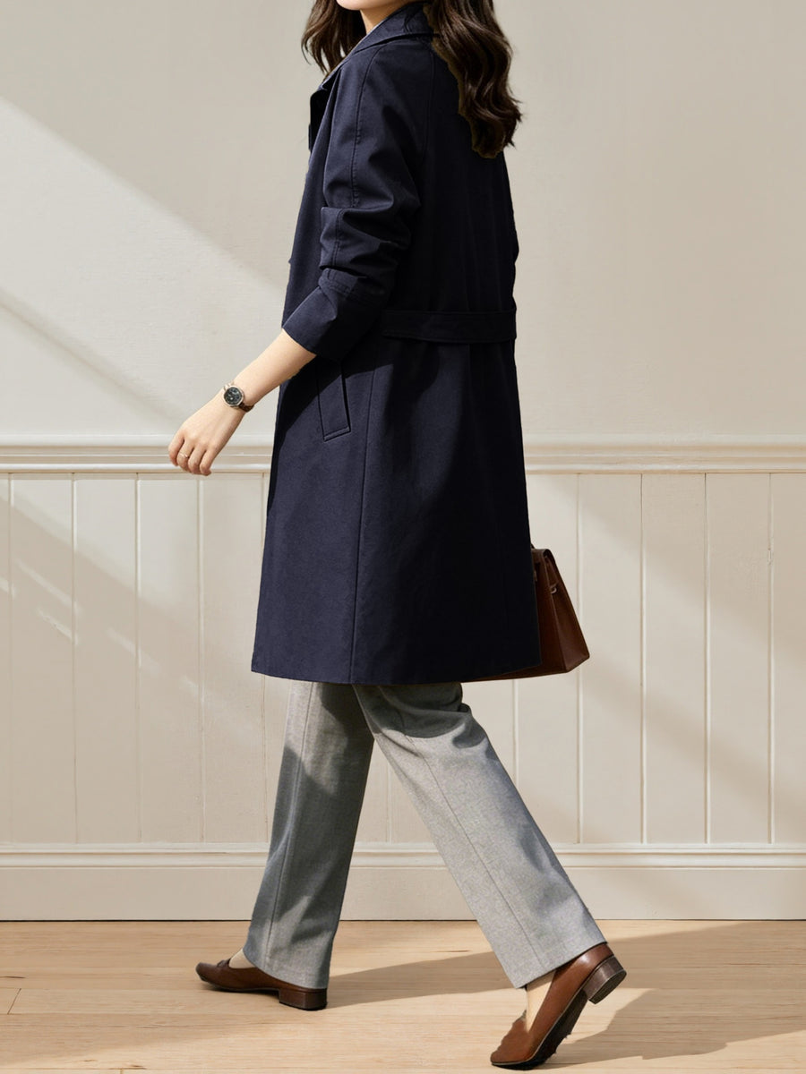 Women'S British Style Mid-Length Trench Coat, Easy And Atmospheric Commuter Temperament Style Jacket, Non-Picky Body Farewell to Passerby Look, Unlined Fabric Style - Navy Color