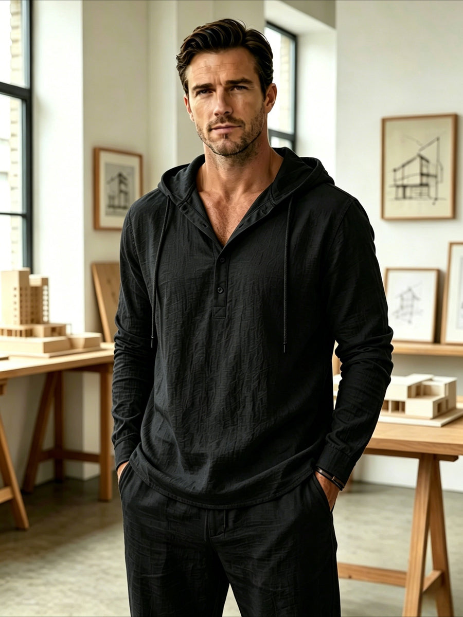 1pc Daily Holiday Outfit Essential, Minimalist Casual Style Pleated Breathable Linen Men'S Hooded Long Sleeve Polo Shirt, Half-Button Loose Non-Stuffy, Outdoor Commute All-Season Men'S Clothing - Black