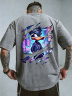 Warner Bros Official, 1pc, 100% Cotton Washed Vintage Distressed Short-Sleeve T-Shirt, American-Style Torn Paper Scratch Cyberpunk Cool Duck Streetwear Trend Top, Double-Sided Front and Back Print, Men's Casual Comfortable Versatile Loose Summer - Grey