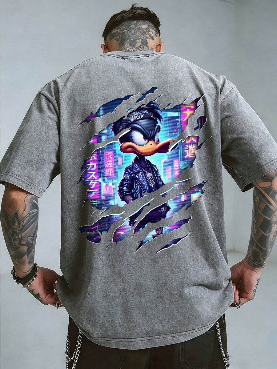 Warner Bros Official, 1pc, 100% Cotton Washed Vintage Distressed Short-Sleeve T-Shirt, American-Style Torn Paper Scratch Cyberpunk Cool Duck Streetwear Trend Top, Double-Sided Front and Back Print, Men's Casual Comfortable Versatile Loose Summer - Grey