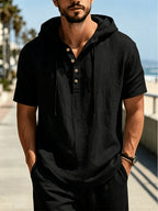 Men's 3pcs Hooded Henley Short-Sleeve Tops, Summer Lightweight Linen-Textured Half-Button Hoodie with Drawstring, Loose Fit Casual Solid Color Pullover - Black+Blue+Khaki