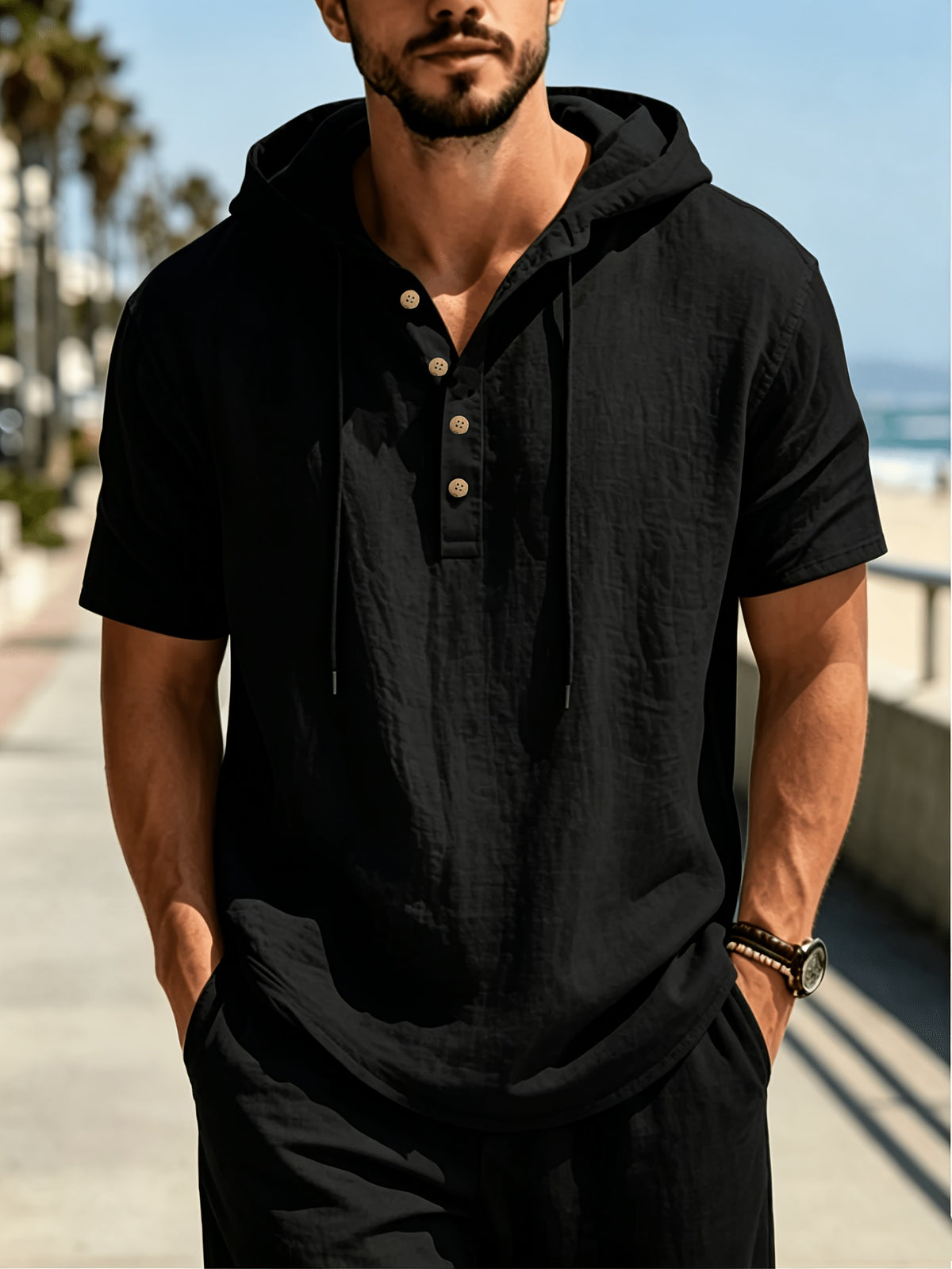 Men's 3pcs Hooded Henley Short-Sleeve Tops, Summer Lightweight Linen-Textured Half-Button Hoodie with Drawstring, Loose Fit Casual Solid Color Pullover - Black+Blue+Khaki