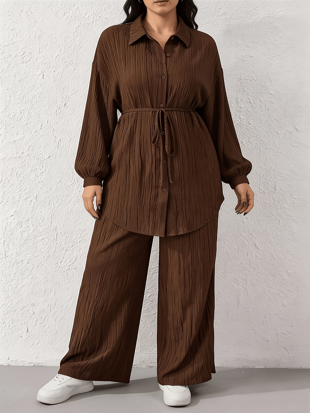 Solid Color Drop Shoulder Single-Breasted Top with Wide Leg Pants Casual Suit - Coffee Color