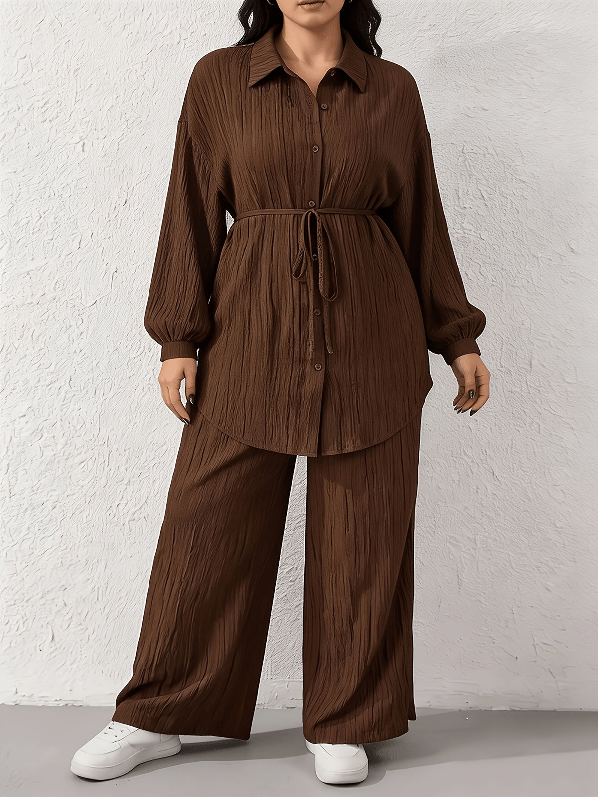 Solid Color Drop Shoulder Single-Breasted Top with Wide Leg Pants Casual Suit - Coffee Color