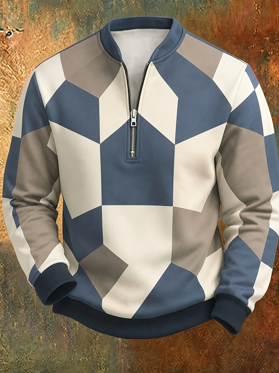 [Print Design - Not Textured] Men'S Retro Geometric Color-Block Digital Print Half-Zip Stand Collar Sweatshirt, Spring/Autumn Loose Casual Top, Daily Commute Outdoor Wear - Mixed Color 3