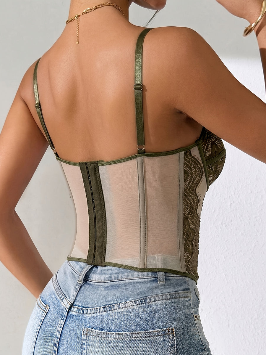 Sexy Lace Fitted Vest Top - Bodycon Cut, V-Neck, Sleeveless, Solid Color, with Exquisite Lace Detail, Suitable for Fashion Style, Lace Top - Military Green
