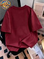 [Warner Official License] Cotton Crew Neck Casual Short Sleeve Top, Men's 100% Cotton Casual Comfortable and Versatile Summer Short Sleeve T-Shirt, Suitable for Outdoor Wear, Gym, Office and Everyday Fashion-men and Women Can Wear - Burgundy