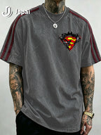 Official Warner Bros. Product, Hip-hop High Street DC Superman Batman Logo Print Stripe T-shirt, Loose Drop-shoulder Style Casual Summer Top, Machine Washable, Suitable for Daily Wear and Themed Events - Grey
