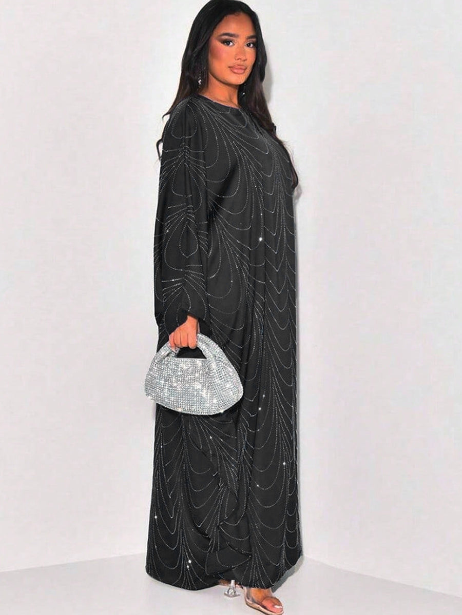 Ramadan Middle East Muslim New Women's Fashion Loose Rhinestone Batwing Sleeve Abaya Gown - Black