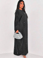 Ramadan Middle East Muslim New Women's Fashion Loose Rhinestone Batwing Sleeve Abaya Gown - Black