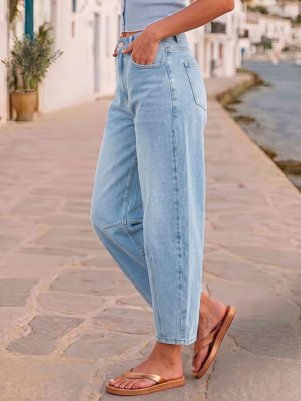 Denim Jeans Women'S Loose Mid-Rise Ankle Pants Light Blue Zipper Fly Non-Stretch Casual All-Match Daily All-Season New - Light Blue