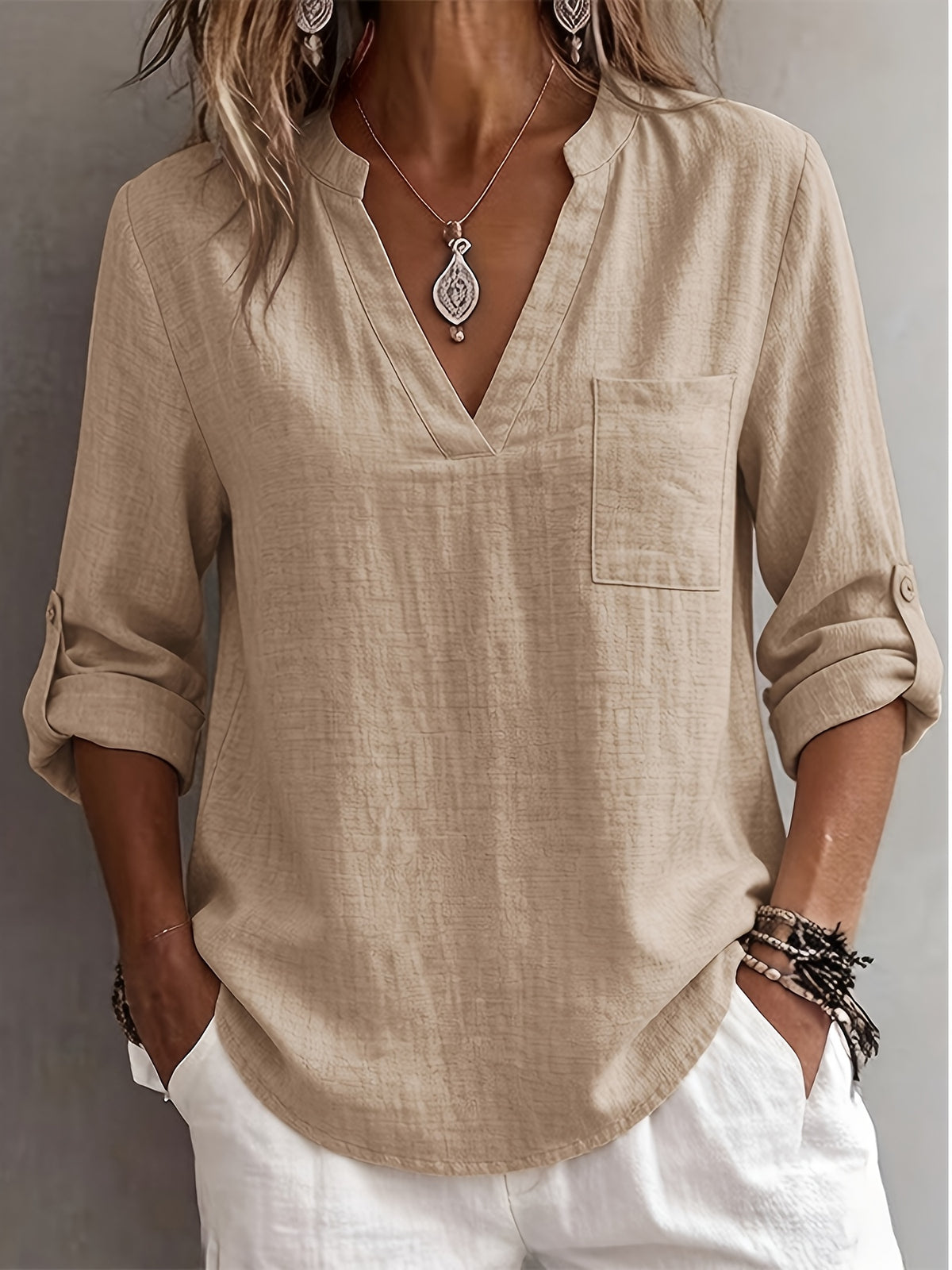 Women'S V-Neck Short Sleeve Shirt, Universal Casual Blouse Top - Khaki