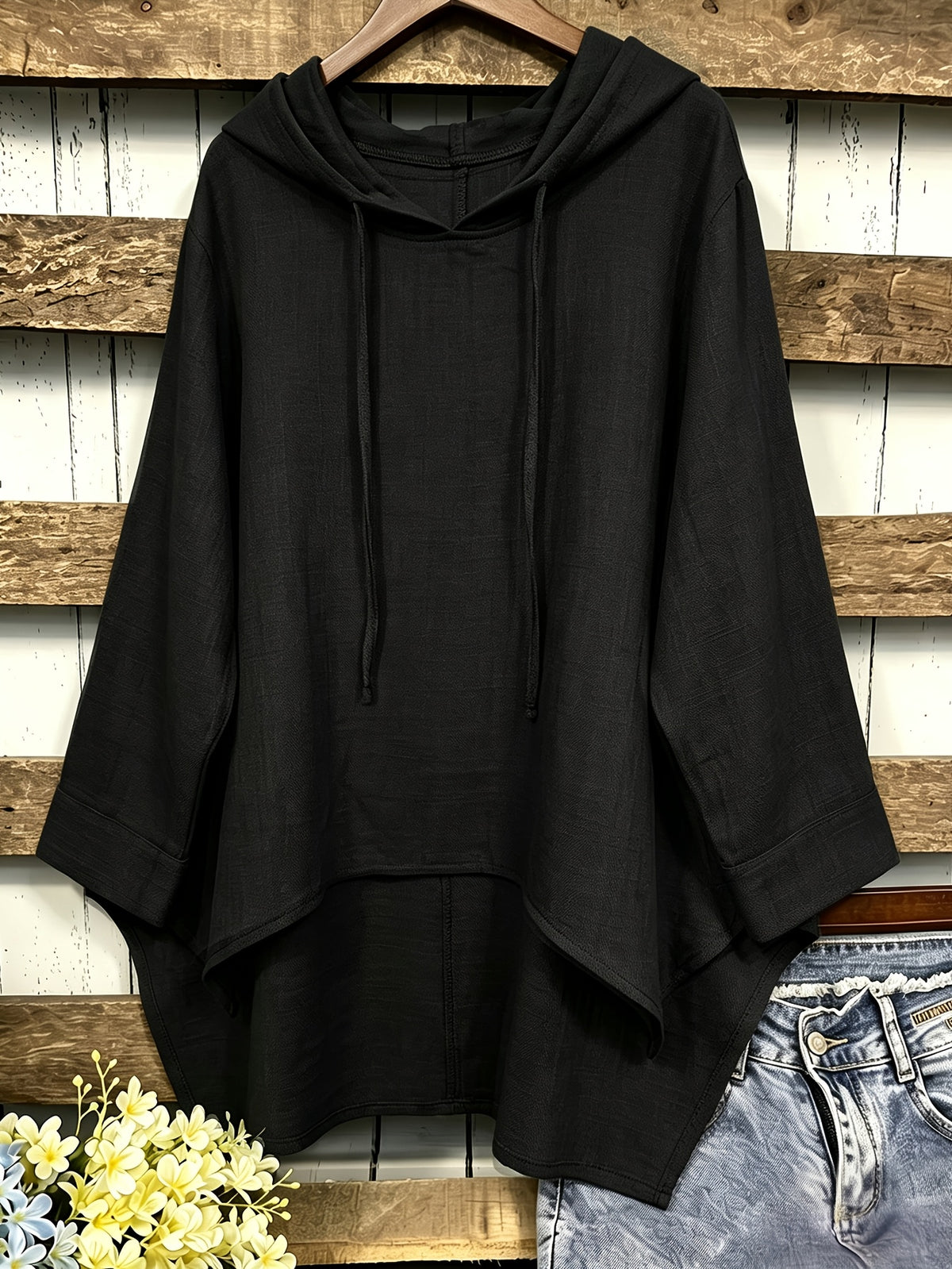 Plus Size, Plus Size Women's Hooded Shirt, Solid Color Irregular Hem Loose Fit Casual Shirt Top - Black