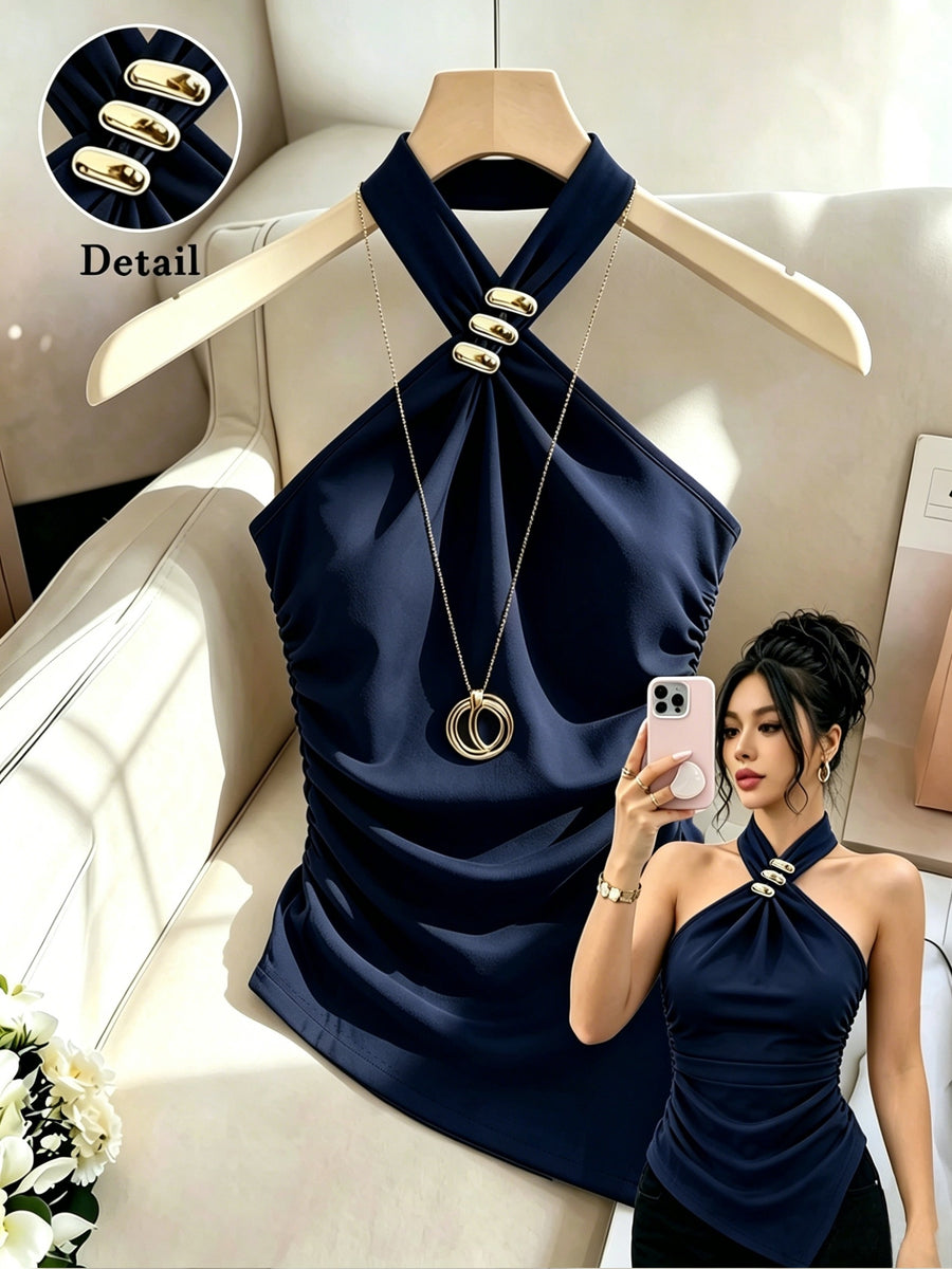 Women'S Solid Color Halter Slim Off-Shoulder Elegant Asymmetrical Hem Top, Side Waist Cinched Ruched Blouse, Metal Decor Button Design, Suitable for Dates, Gatherings, Commuting, Casual Fashion Versatile Premium Style - All-Season - Navy Color