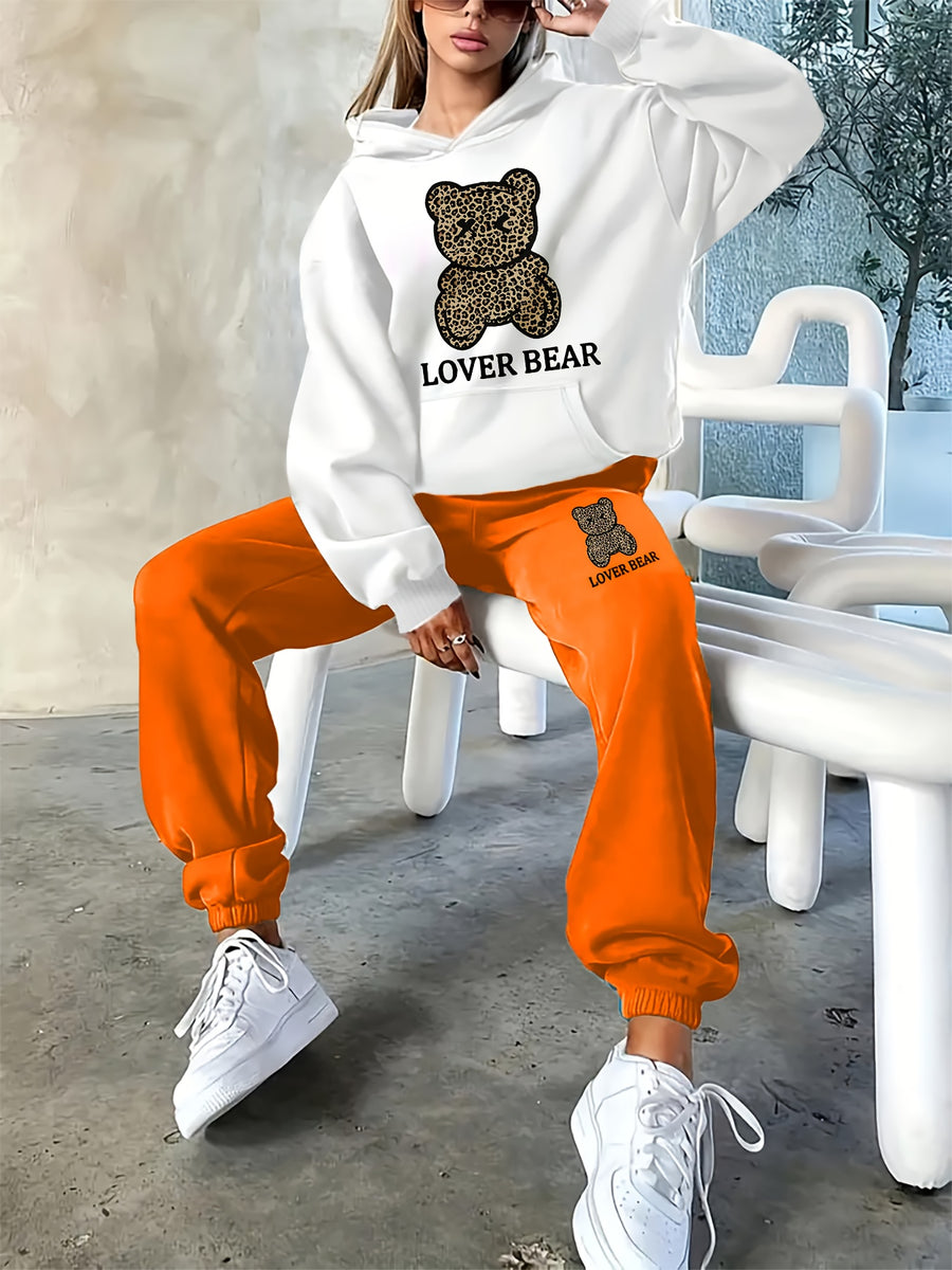 2025 Autumn/Winter New Arrival, LOVER BEAR, Women's Casual Letter Print Loose Warm Long Sleeve Hooded Sweatshirt + Elastic Waist Drawstring Pants Two-Piece Set - White, Orange