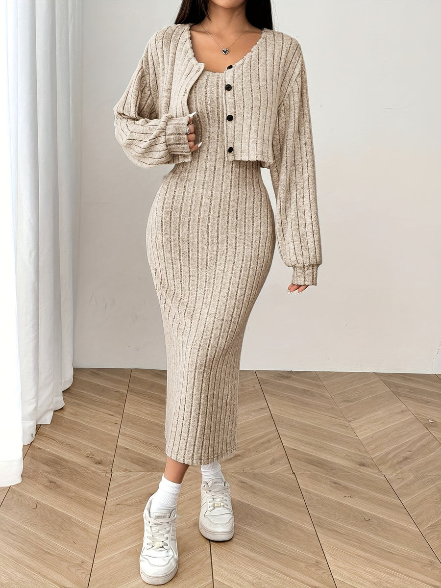 Two-Piece Set: Women'S Ribbed Drop Shoulder Button Jacket with Slim-Fit Knee-Length Dress, New Autumn Product - Khaki
