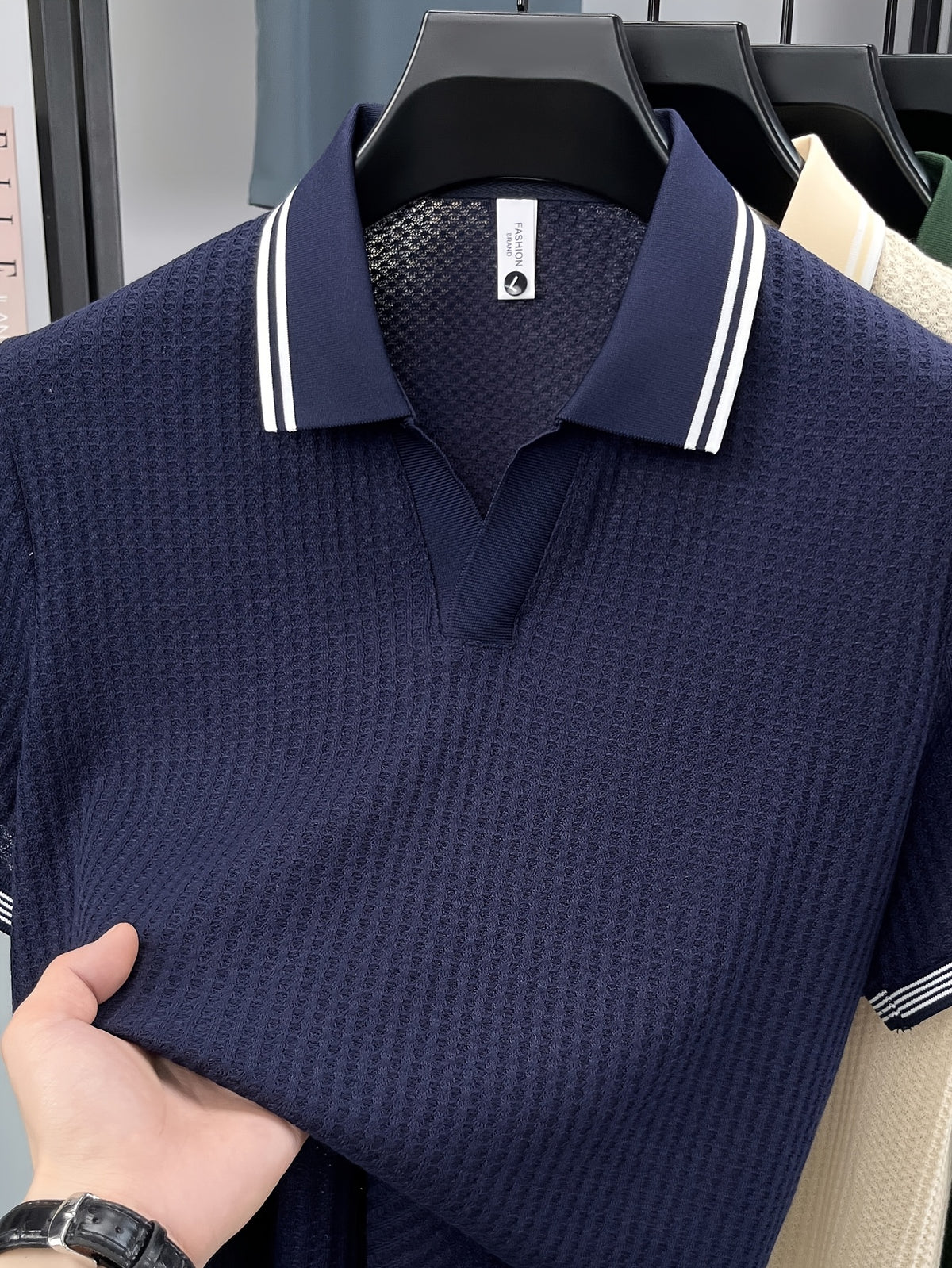 Men'S Scissor Collar Sweater, Summer Short Sleeve Breathable Knit Top, Contrast Striped Collar Design, Casual Knit Top, Summer Thin Breathable V-Neck Short Sleeve T-Shirt, Men'S Top - Navy Color