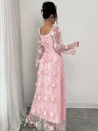 Elegant Mesh 3D Floral Dress, Fairy Style Square Neck Long Sleeve Maxi Dress, Date Afternoon Tea Gentle Style Dress - Pink