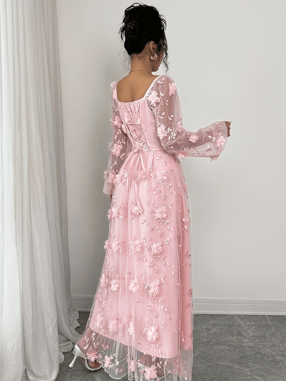 Elegant Mesh 3D Floral Dress, Fairy Style Square Neck Long Sleeve Maxi Dress, Date Afternoon Tea Gentle Style Dress - Pink