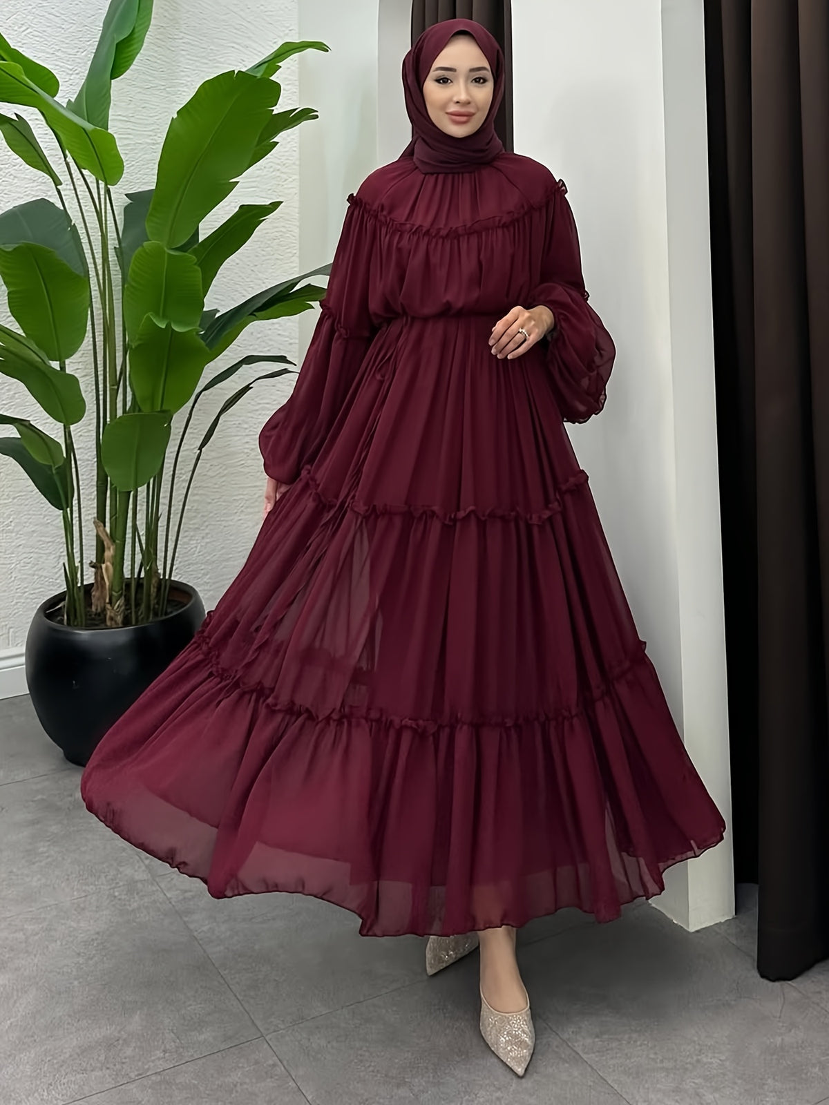 Women's Modest Muslim Elegant Maxi Dress with Belt - Long Dresses Suitable for Hajj, Umrah, Weddings & Daily Wear - - Modest Abaya Dress - Burgundy
