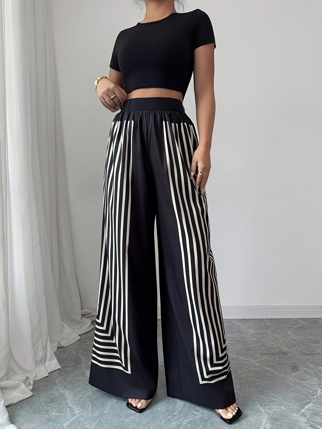 Elegant Striped Black And White Contrasting Straight-Leg Women'S Pants ( Not Included) - Nian Nian - Black And White