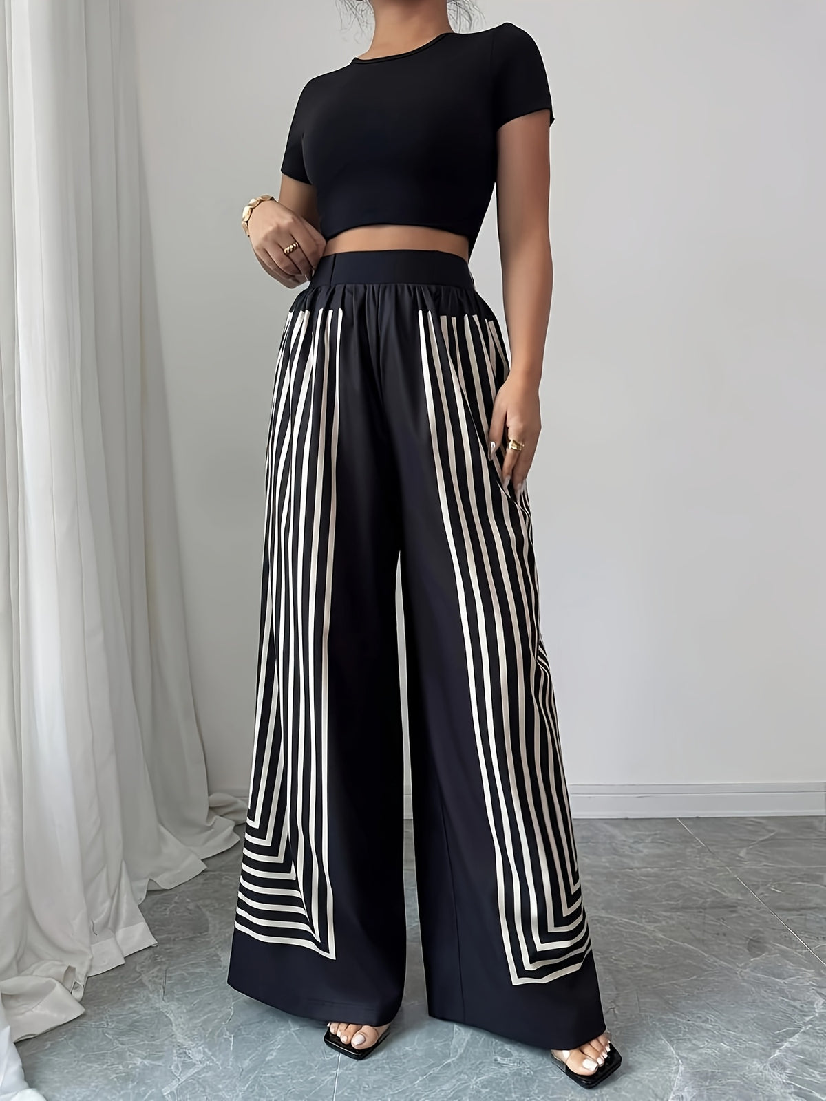 Elegant Striped Black And White Contrasting Straight-Leg Women'S Pants ( Not Included) - Nian Nian - Black And White
