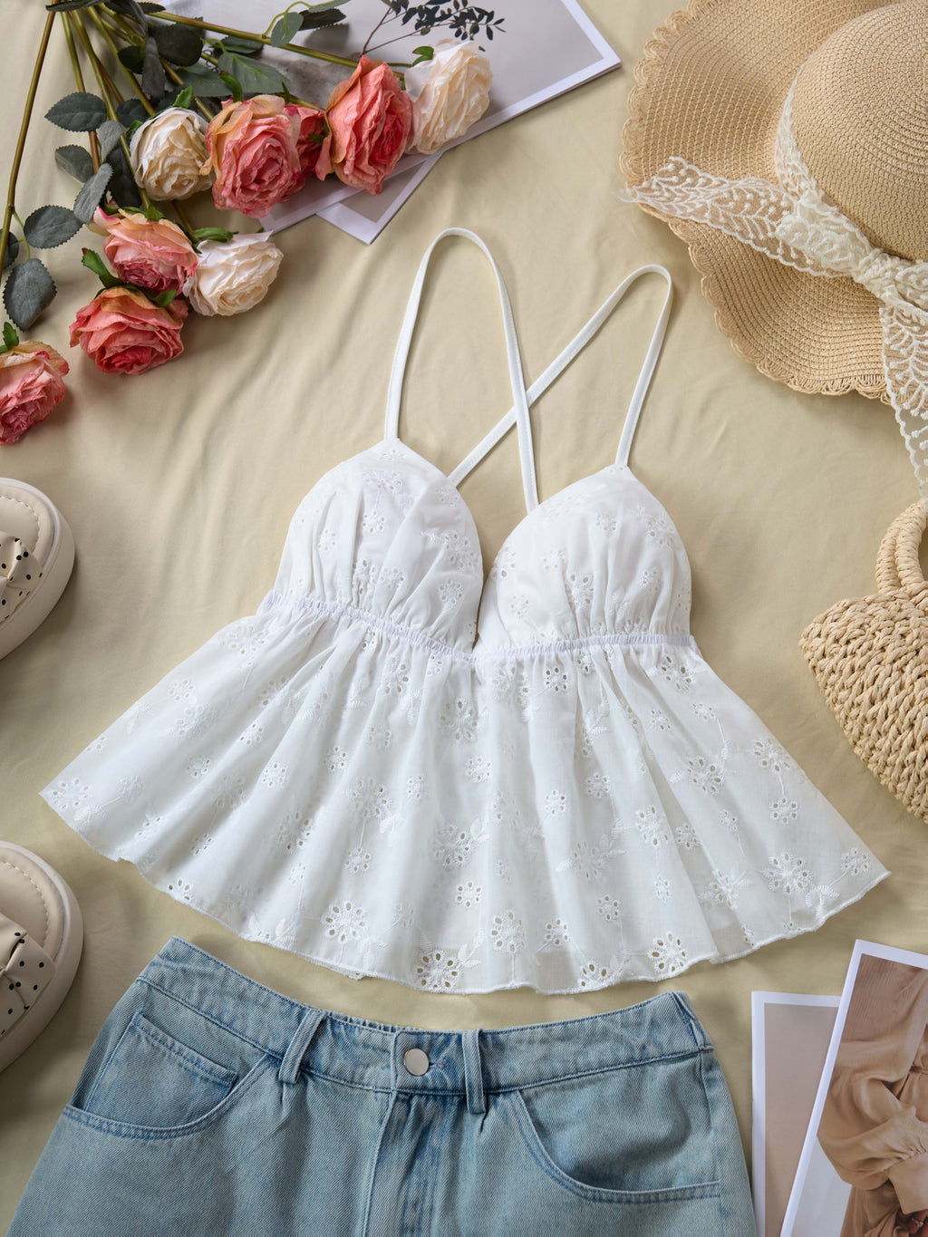 Cutout Embroidery Ruffled Scalloped Camisole V-Neck Cross-Strap Backless Sleeveless Vest - White