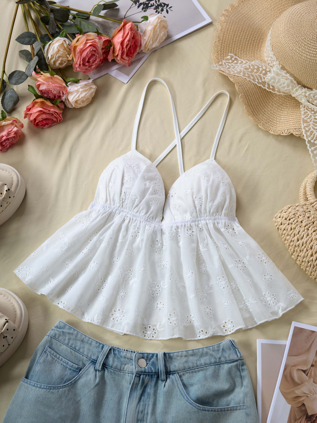 Cutout Embroidery Ruffled Scalloped Camisole V-Neck Cross-Strap Backless Sleeveless Vest - White