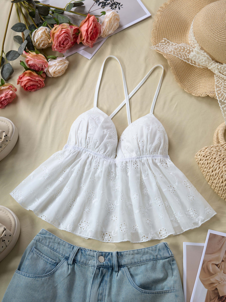 Cutout Embroidery Ruffled Scalloped Camisole V-Neck Cross-Strap Backless Sleeveless Vest - White