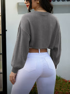 Women'S Loose Ribbed Short Top - Casual Retro Oversized Long Sleeve Blouse, Suitable for Casual/High-Waist Pairing, Versatile Daily/Streetwear Style 9A11841 - Dark Gray