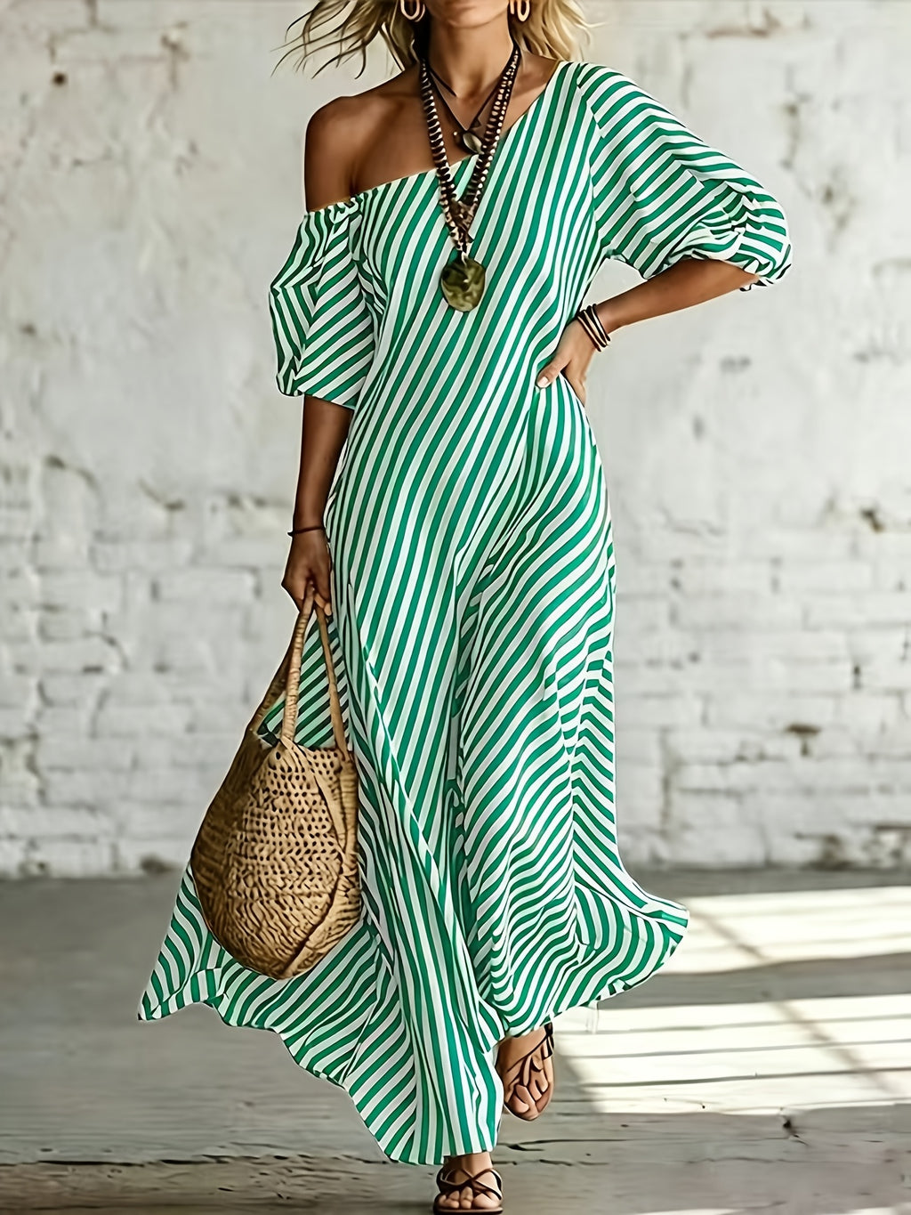 Women'S Elegant Asymmetrical Shoulder Stripe Long Dress, Summer Bohemian Vacation Loose Short Sleeve Maxi Skirt - Green