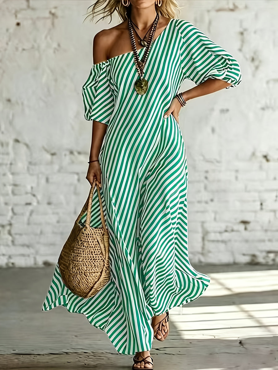 Women'S Elegant Asymmetrical Shoulder Stripe Long Dress, Summer Bohemian Vacation Loose Short Sleeve Maxi Skirt - Green