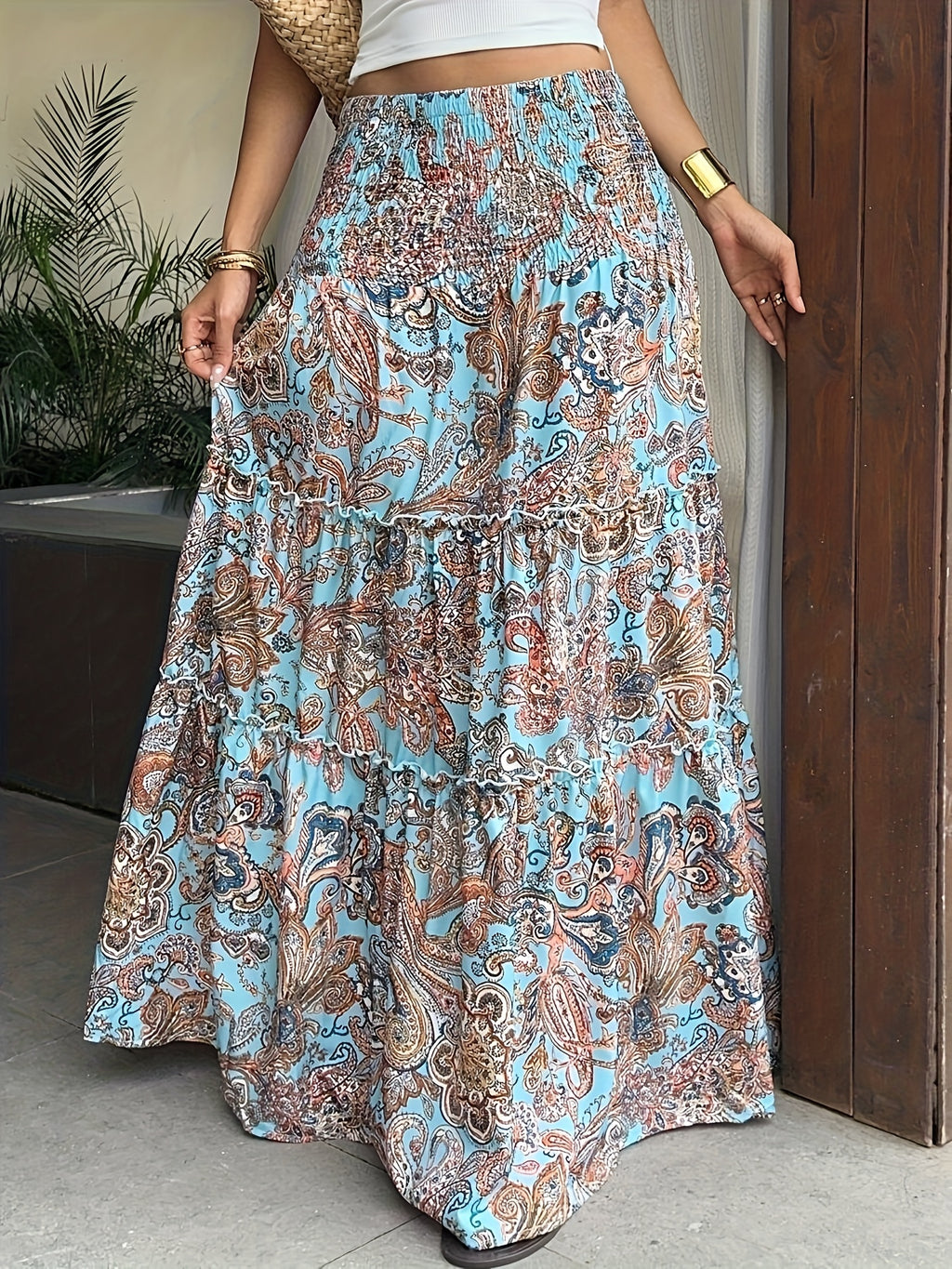 Women's Casual Vintage Print Elastic Waist Long Bohemian Pleated Skirt for Spring/Summer Vacation & Daily Wear - Blue